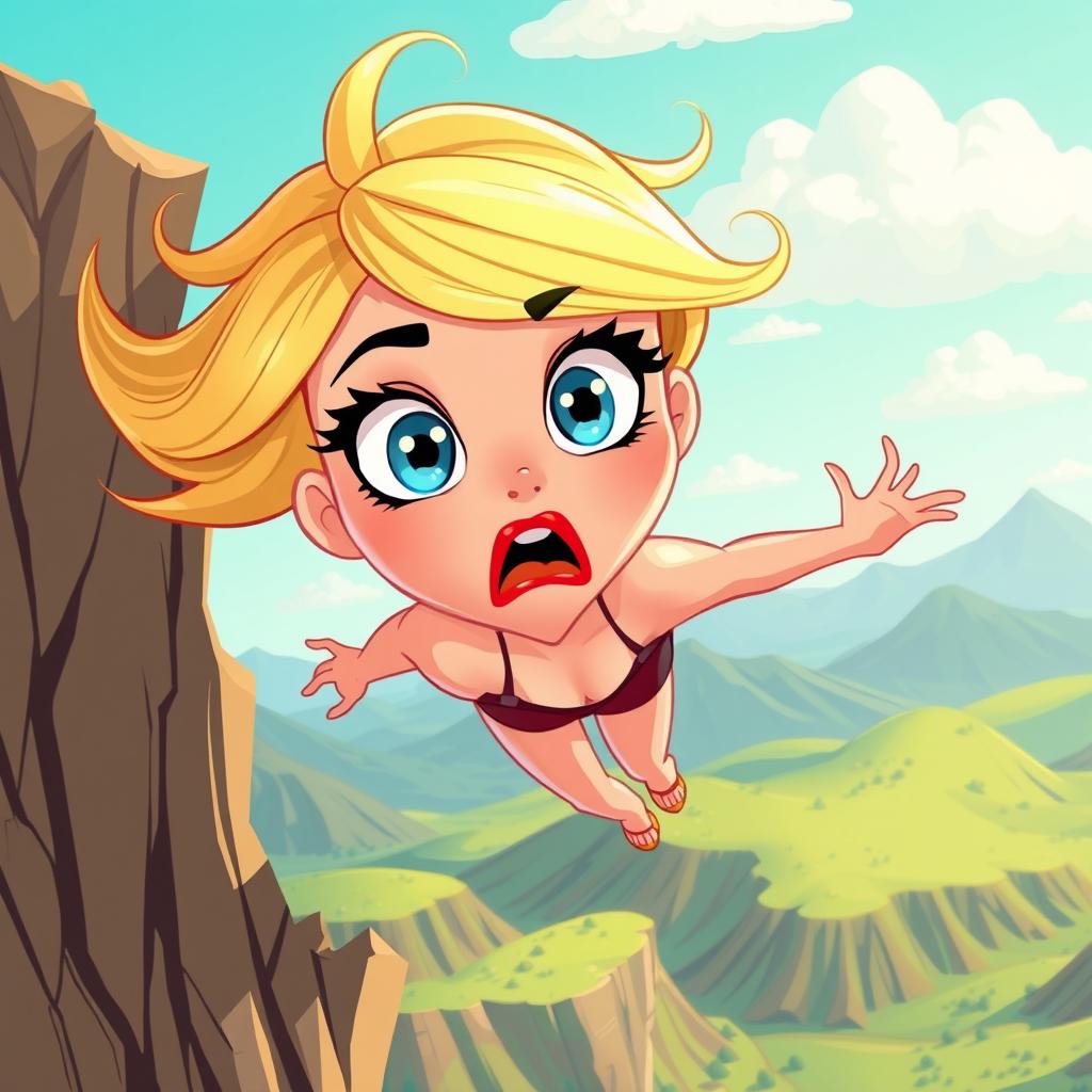 A beautiful blonde cartoon woman with large blue eyes and vibrant red lips, her hair flowing dramatically as she falls off a cliff, showing a scared expression