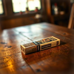 A rustic wooden table featuring a single Backwoods cigar pack lying on its side