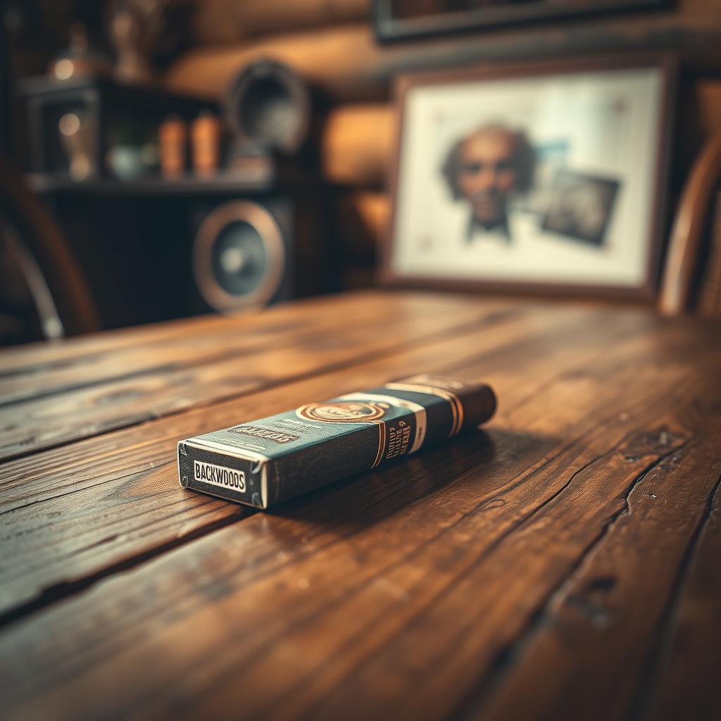 A rustic wooden table featuring a single Backwoods cigar pack lying on its side