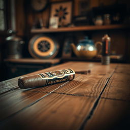 A rustic wooden table featuring a single Backwoods cigar pack lying on its side