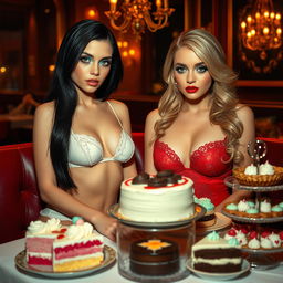 Inside a dimly lit restaurant, two captivating young women sit gracefully at a table lavishly adorned with a variety of cakes and desserts