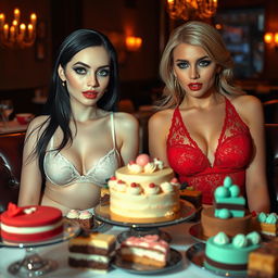 Inside a dimly lit restaurant, two captivating young women sit gracefully at a table lavishly adorned with a variety of cakes and desserts