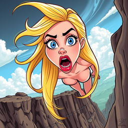 A beautiful blonde cartoon woman with vibrant blue eyes and luscious red lips, her long hair flowing dramatically in the wind as she falls off a cliff