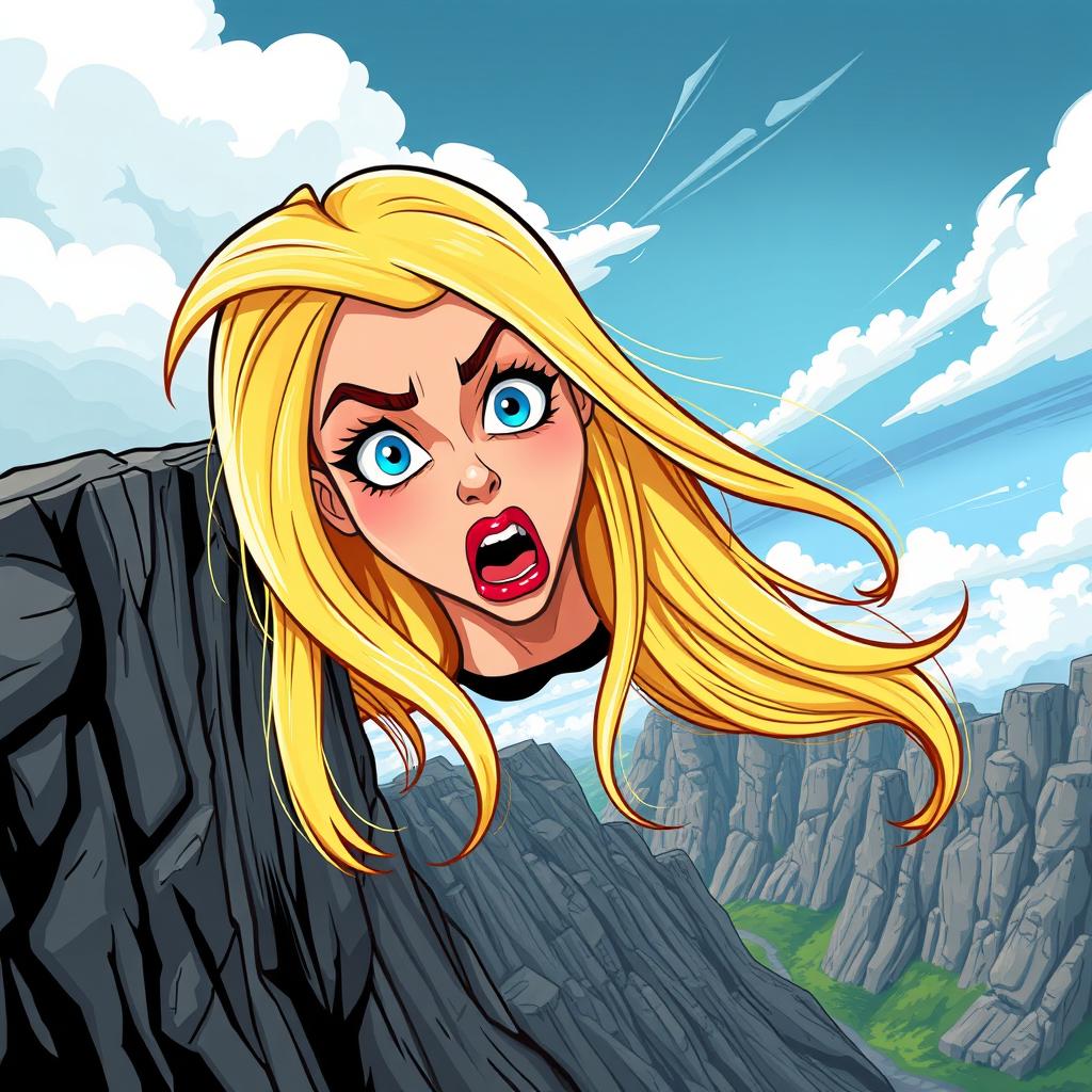 A beautiful blonde cartoon woman with vibrant blue eyes and luscious red lips, her long hair flowing dramatically in the wind as she falls off a cliff