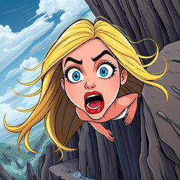 A beautiful blonde cartoon woman with vibrant blue eyes and luscious red lips, her long hair flowing dramatically in the wind as she falls off a cliff