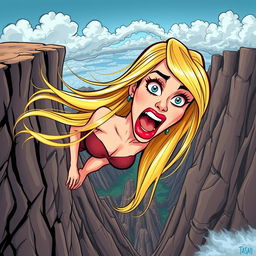 A beautiful blonde cartoon woman with vibrant blue eyes and luscious red lips, her long hair flowing dramatically in the wind as she falls off a cliff