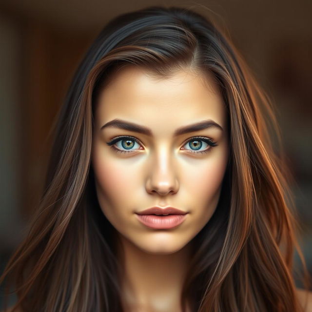 A close-up portrait of a young woman with striking features and flawless skin, exuding a vibrant and healthy glow