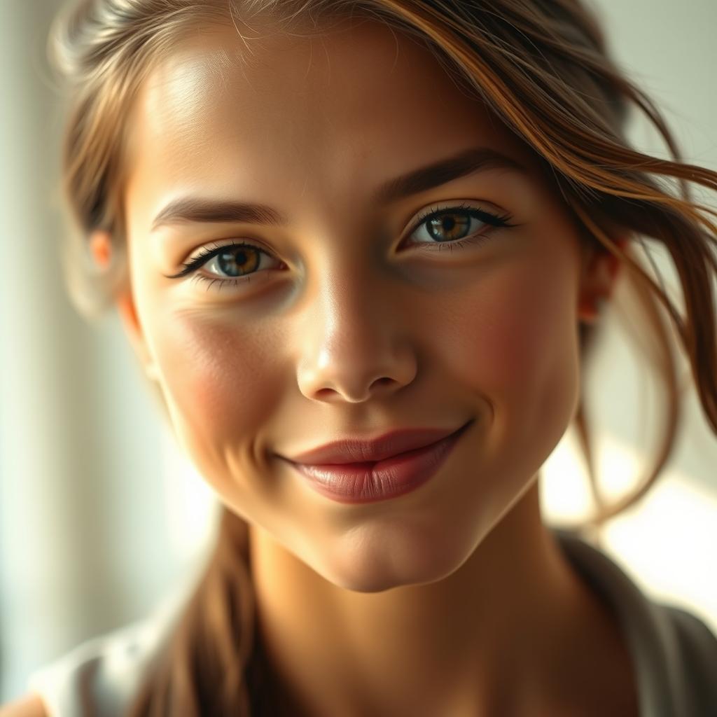 A close-up portrait of a young woman with striking features and flawless skin, exuding a vibrant and healthy glow