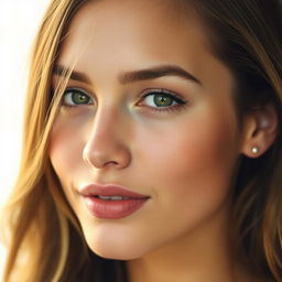 A close-up portrait of a young woman with striking features and flawless skin, exuding a vibrant and healthy glow