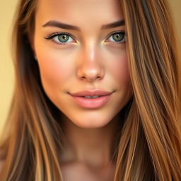 A close-up portrait of a young woman with striking features and flawless skin, exuding a vibrant and healthy glow