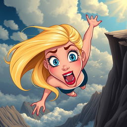 A beautiful blonde cartoon woman with striking blue eyes and vibrant red lips, depicted in a dynamic pose as she falls off a rocky cliff