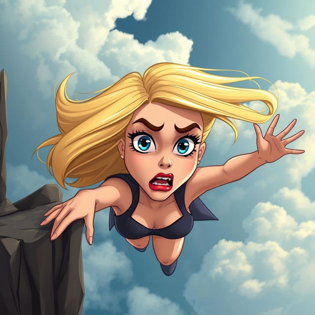 A beautiful blonde cartoon woman with striking blue eyes and vibrant red lips, depicted in a dynamic pose as she falls off a rocky cliff