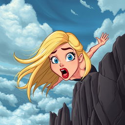 A beautiful blonde cartoon woman with striking blue eyes and vibrant red lips, depicted in a dynamic pose as she falls off a rocky cliff