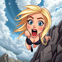 A beautiful blonde cartoon woman with striking blue eyes and vibrant red lips, depicted in a dynamic pose as she falls off a rocky cliff
