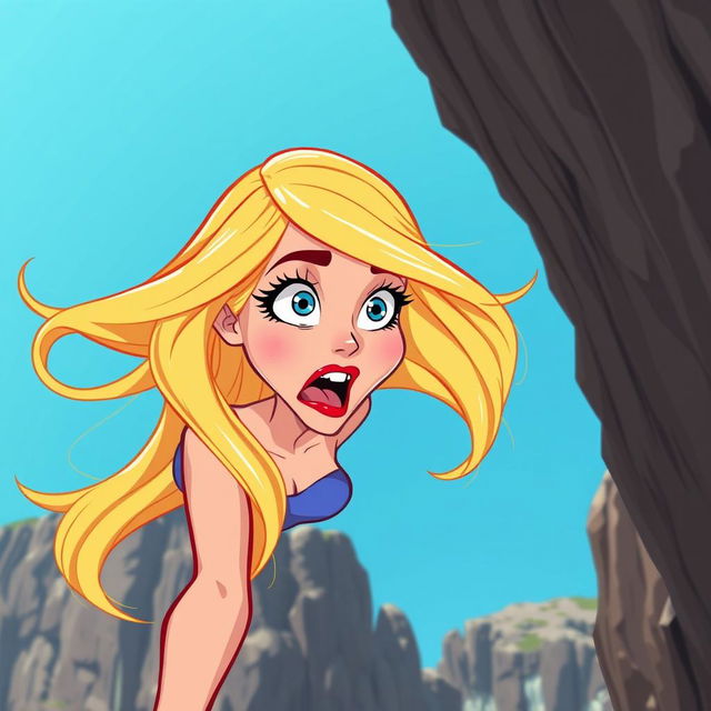 A beautiful blonde cartoon woman with vibrant blue eyes and striking red lips is depicted falling off a cliff