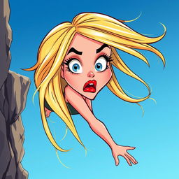 A beautiful blonde cartoon woman with vibrant blue eyes and striking red lips is depicted falling off a cliff