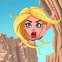 A beautiful blonde cartoon woman with vibrant blue eyes and striking red lips is depicted falling off a cliff