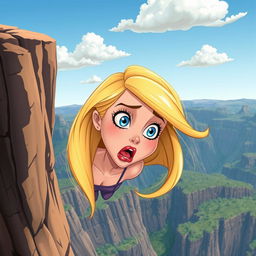 A beautiful blonde cartoon woman with striking blue eyes and luscious red lips is depicted falling off a cliff, her expression one of fear and surprise