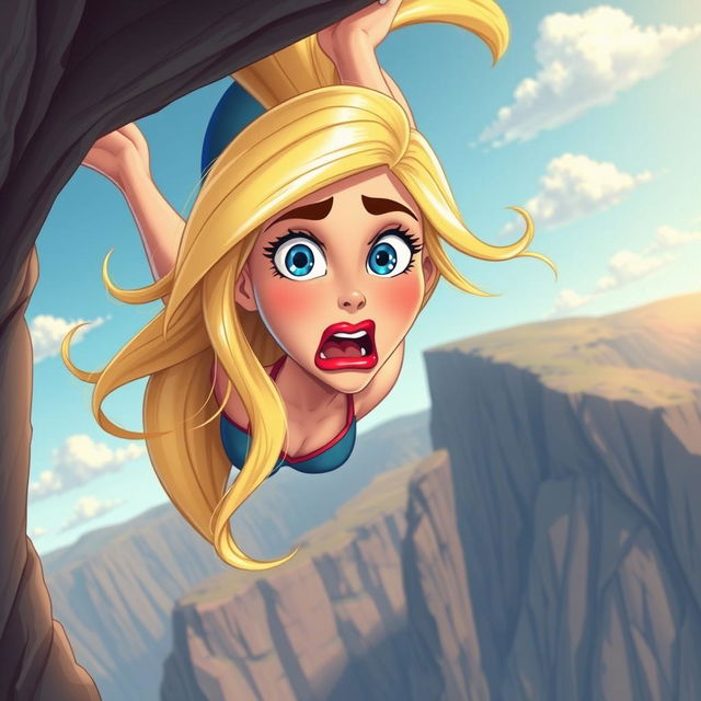 A beautiful blonde cartoon woman with striking blue eyes and luscious red lips is depicted falling off a cliff, her expression one of fear and surprise