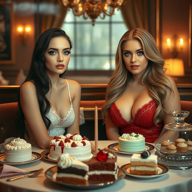 Inside a cozy, dimly lit restaurant, two striking young women sit at a beautifully set table adorned with an exquisite array of cakes and desserts