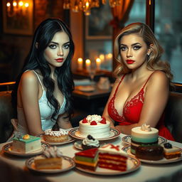 Inside a cozy, dimly lit restaurant, two striking young women sit at a beautifully set table adorned with an exquisite array of cakes and desserts