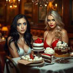 Inside a cozy, dimly lit restaurant, two striking young women sit at a beautifully set table adorned with an exquisite array of cakes and desserts
