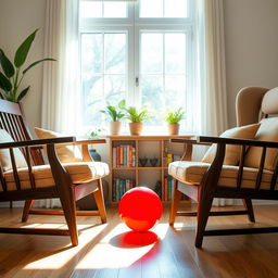 A vibrant red ball perfectly positioned between two elegant wooden chairs in a cozy living room setting