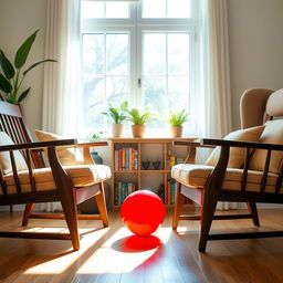 A vibrant red ball perfectly positioned between two elegant wooden chairs in a cozy living room setting