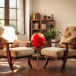 A vibrant red ball perfectly positioned between two elegant wooden chairs in a cozy living room setting