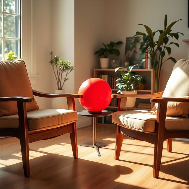 A vibrant red ball perfectly positioned between two elegant wooden chairs in a cozy living room setting