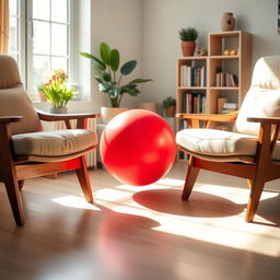 A vibrant red ball perfectly positioned between two elegant wooden chairs in a cozy living room setting