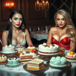 Within a dimly lit restaurant, two stunning young women are seated at a beautifully arranged table overflowing with an exquisite assortment of cakes and desserts