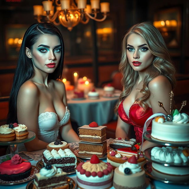 Within a dimly lit restaurant, two stunning young women are seated at a beautifully arranged table overflowing with an exquisite assortment of cakes and desserts