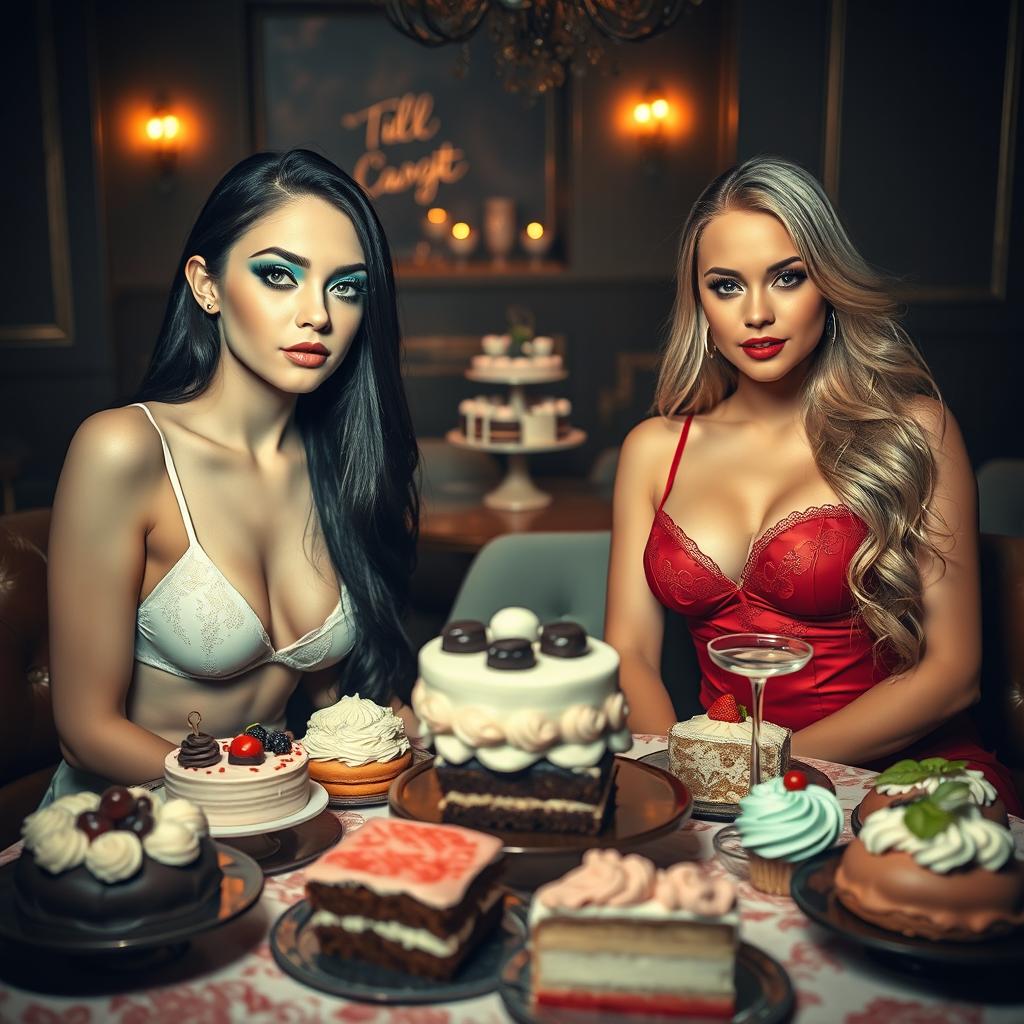 Within a dimly lit restaurant, two stunning young women are seated at a beautifully arranged table overflowing with an exquisite assortment of cakes and desserts