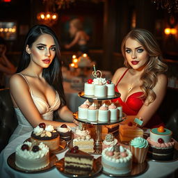 Within a dimly lit restaurant, two stunning young women are seated at a beautifully arranged table overflowing with an exquisite assortment of cakes and desserts