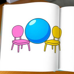 A simple and colorful clipart illustration featuring a bright blue ball located between two stylized chairs