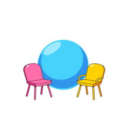 A simple and colorful clipart illustration featuring a bright blue ball located between two stylized chairs