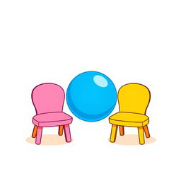 A simple and colorful clipart illustration featuring a bright blue ball located between two stylized chairs