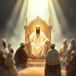 A serene and powerful depiction of the Prophet Muhammad seated on a majestic throne, radiating light and warmth