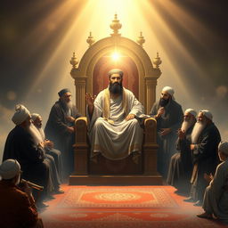 A serene and powerful depiction of the Prophet Muhammad seated on a majestic throne, radiating light and warmth