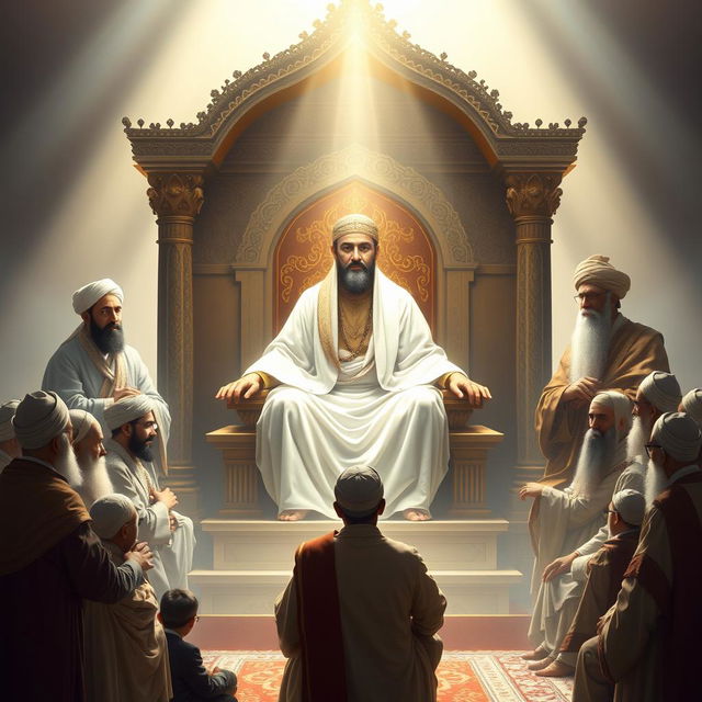 A serene and powerful depiction of the Prophet Muhammad seated on a majestic throne, radiating light and warmth