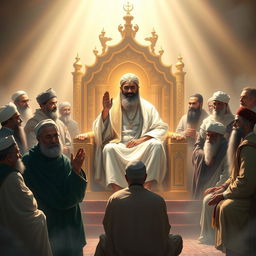 A serene and powerful depiction of the Prophet Muhammad seated on a majestic throne, radiating light and warmth