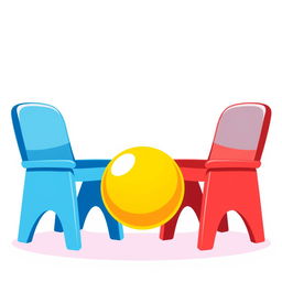 A simple and colorful clipart illustration of a ball positioned between two chairs