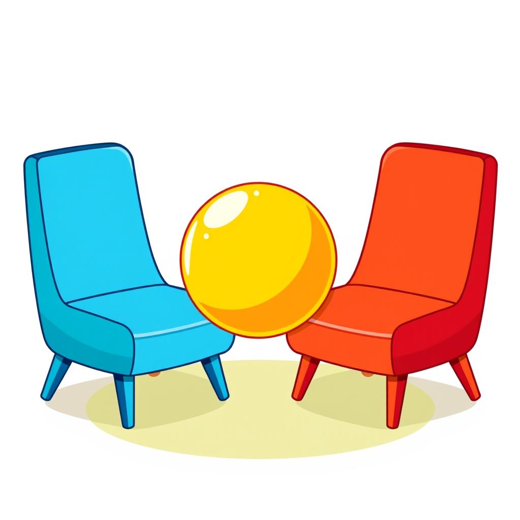 A simple and colorful clipart illustration of a ball positioned between two chairs