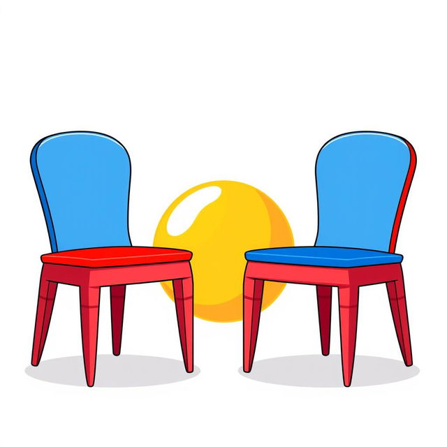 A simple and colorful clipart illustration of a ball positioned between two chairs