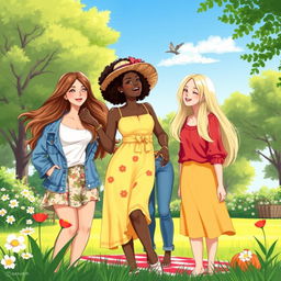 A vibrant and colorful illustration featuring a group of three diverse young women standing together in a sunlit park