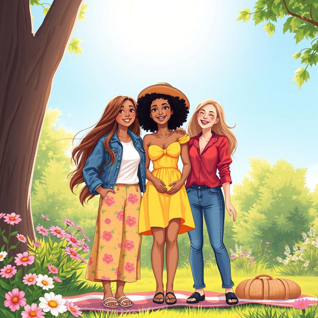 A vibrant and colorful illustration featuring a group of three diverse young women standing together in a sunlit park