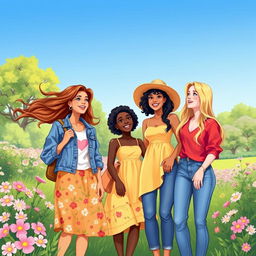 A vibrant and colorful illustration featuring a group of three diverse young women standing together in a sunlit park