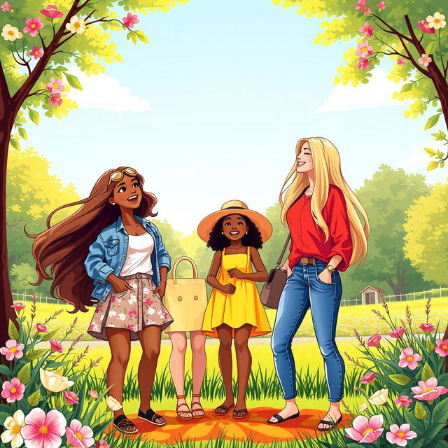 A vibrant and colorful illustration featuring a group of three diverse young women standing together in a sunlit park