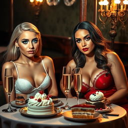 In a cozy dimly lit restaurant, two gorgeous young women are seated at an elegantly set table, adorned with a delightful assortment of cakes, desserts, and sparkling champagne